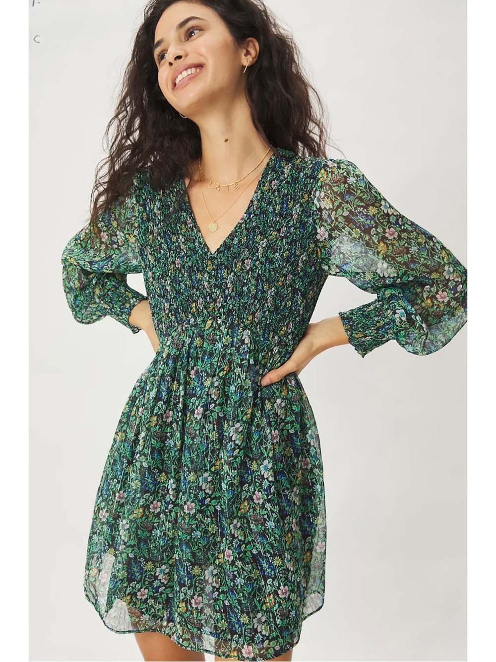 ANTHROPOLOGIE | Ranna Gill Tia Green Floral Metallic V-Neck Smocked Dress Small